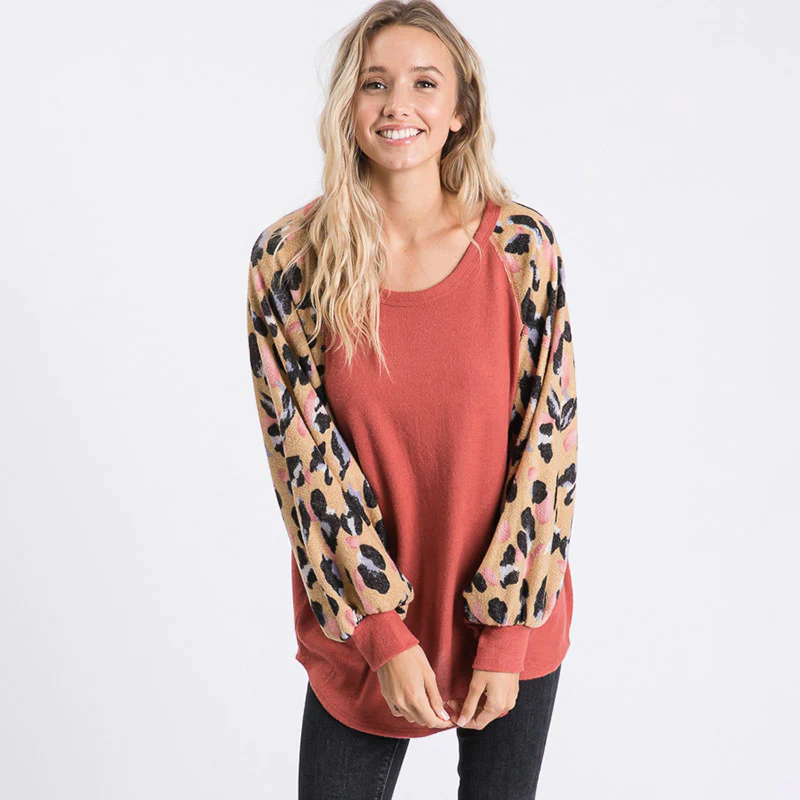 Anna Leopard Sleeve Oversized Top Mauve - Image 2