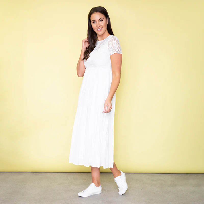 Lara Lace Cap Sleeve Dress (White) - Image 3