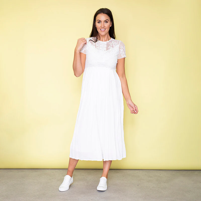 Lara Lace Cap Sleeve Dress (White) - Image 7