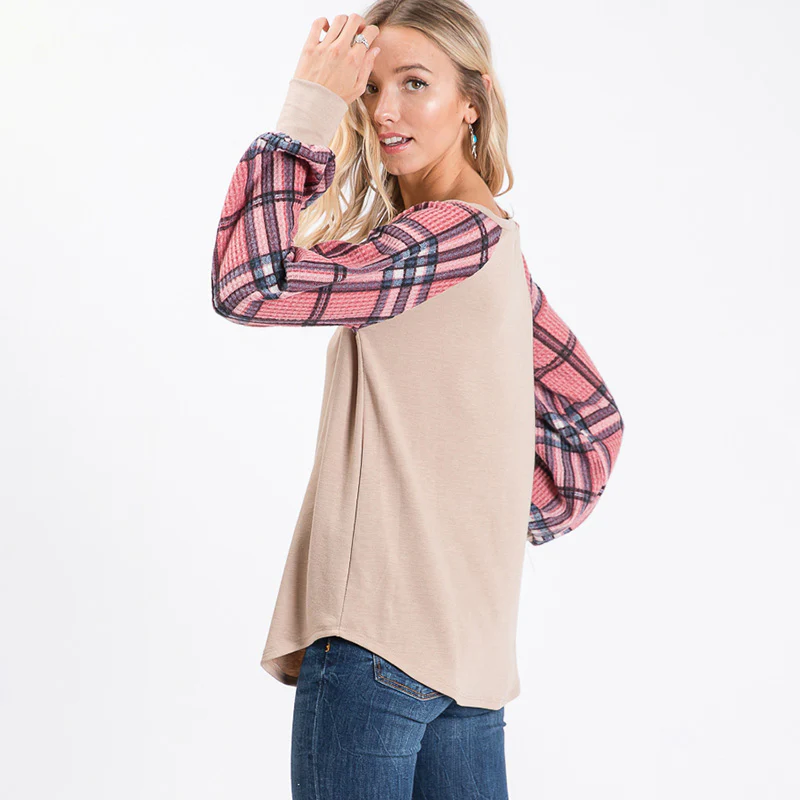 Eve Plaid Sleeve Top Beige - Image 4