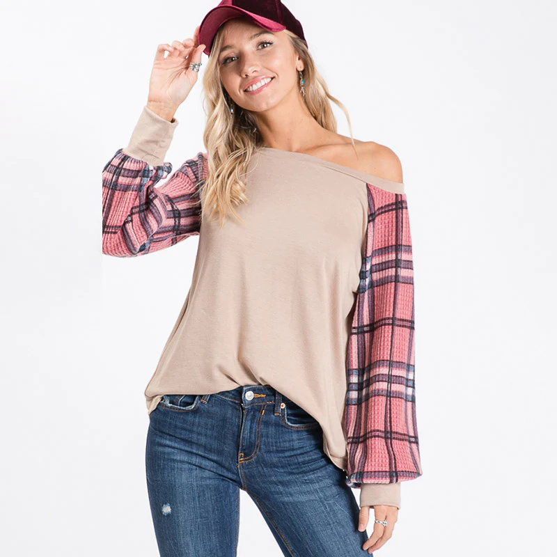 Eve Plaid Sleeve Top Beige - Image 6