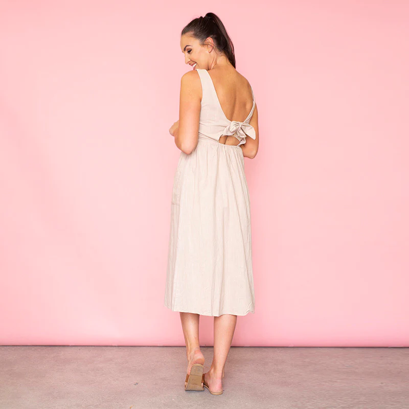Bree Bow Back Midi Dress (Beige) - Image 2