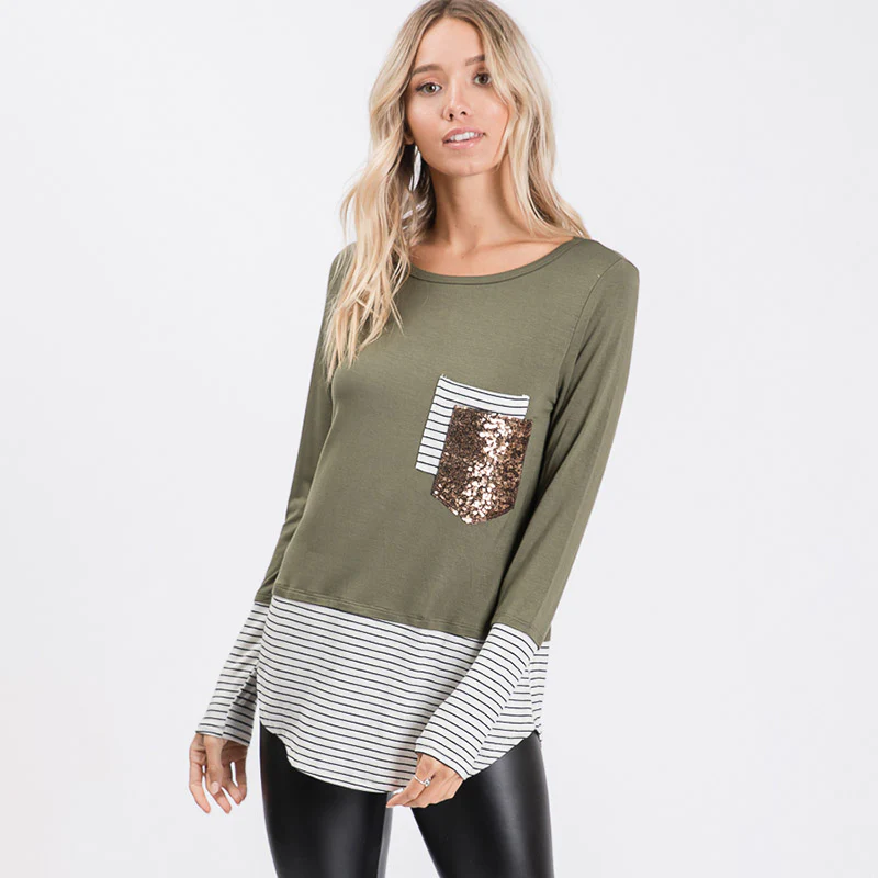 Sule Striped Hem Pocket Top Khaki - Image 3
