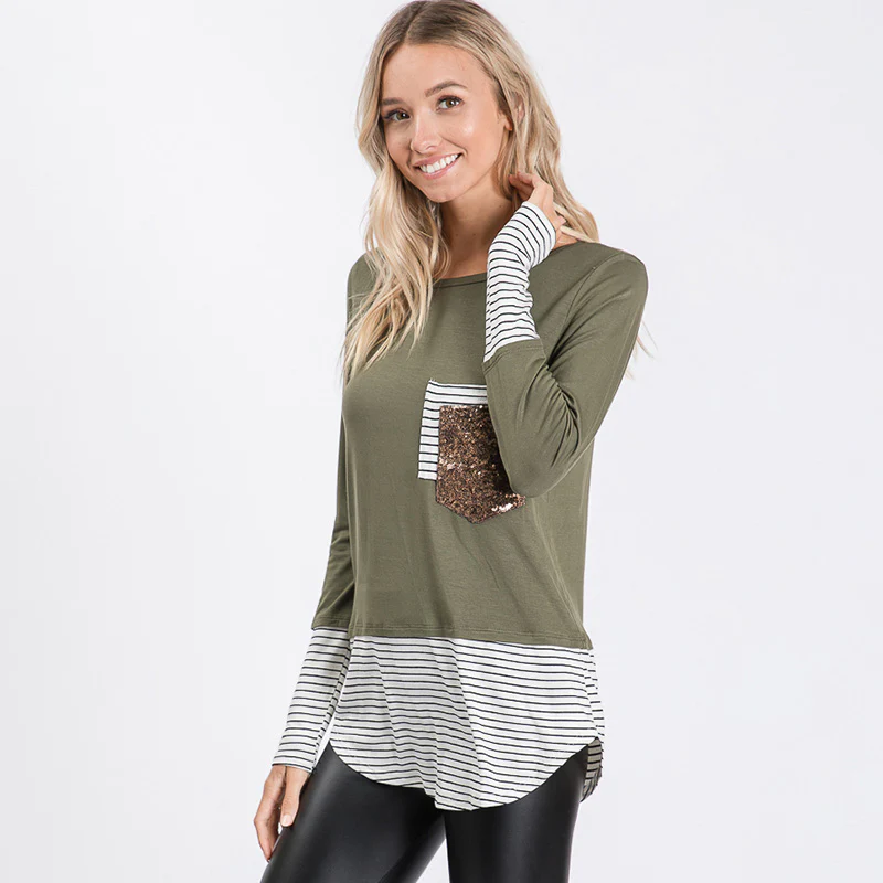 Sule Striped Hem Pocket Top Khaki - Image 4
