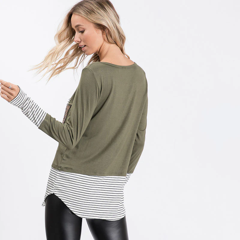 Sule Striped Hem Pocket Top Khaki - Image 7
